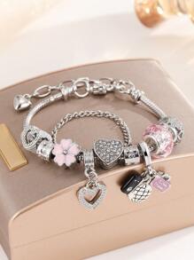 1 pieza Accesorio de pulsera y brazalete con cadena de hueso de serpiente, artesanal y de moda, accesorio multicolor con forma de corazón hueco, estrella, avión y torre Eiffel rosa de cerámica