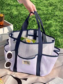Conjunto de 1 Necessaire de Praia Grande em Nylon com Bolso para Óculos, Tamanhos P/G, Bolsa Tote Portátil com Vários Bolsos, Lavável, Cor Clara, Resistente à Areia, Ideal para Praia, Maquiagem e Cosméticos, Bolsa de Viagem, Bolsa para o Dia a Dia, Lancheira, Presente para o Início do Semestre, Primavera/Início do Verão, Aniversário, Férias, Uso Diário, Feriados, Dia das Mães, Bolsa, Necessaire de Maquiagem, Item Essencial para Viagem - Roxo Malva - Ver 4