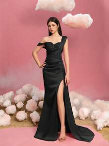 Teen Girls' One-Shoulder Formal Evening Gown With High Slit, Side Ribbon Accent & Elegant Fish-Tail Hemline – Perfect For Red Carpet Galas, Black Tie Affairs, Ceremonial Attire, And Pageant Events