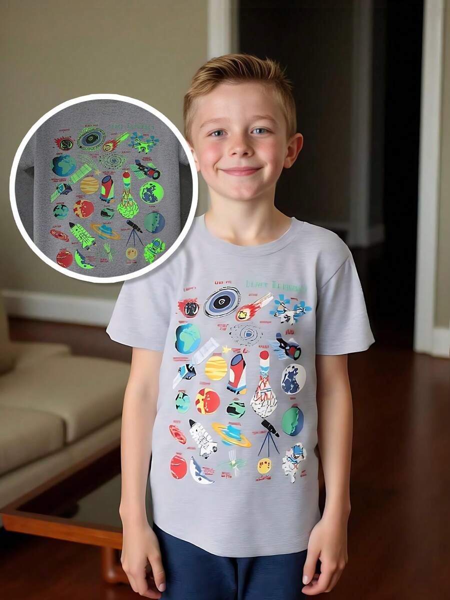 1pc Children Casual Glow-In-The-Dark Cartoon Print Round Neck Short Sleeve T-Shirt, Fashionable For Spring/Summer - Light Grey - View 1