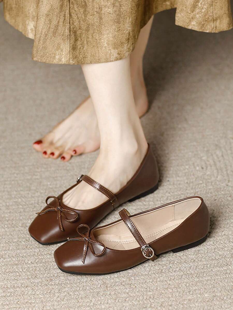 Women's Fashion Square Toe Slip-On Brown Bowknot Shoes, Casual Office Versatile Flats For Spring Summer Outdoor, High-End Quality Ballet Flats For Party Wedding - màu nâu - Xem 1