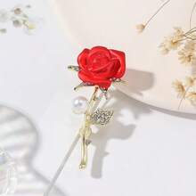 1pc Fashion Pearl Rhinestone Rose Flower Brooch - Red - View 1