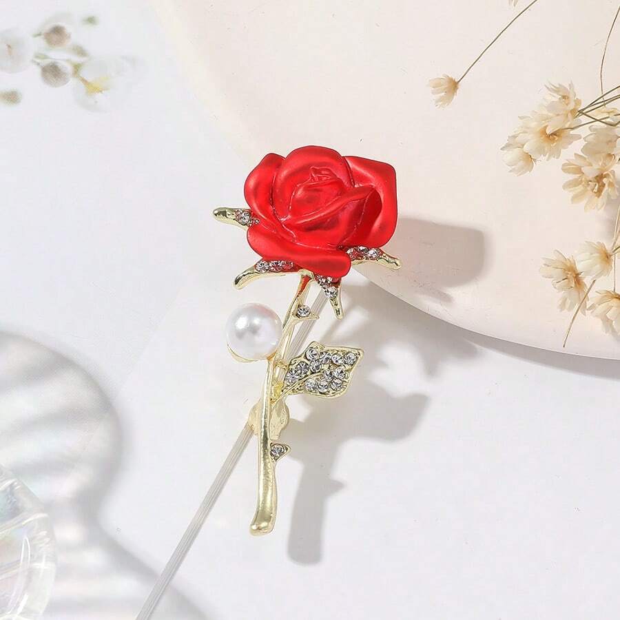 1pc Fashion Pearl Rhinestone Rose Flower Brooch - Red - View 1
