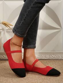 2025 Autumn Women Casual Soft Sole Square Toe Elastic Band Patchwork Flat Shoes, Suitable For Indoor And Outdoor Wear - Black and Red - View 5