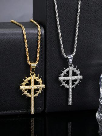 LIGHTSOME 2pcs Iced-Out Hip Hop Rhinestone Cross Pendant Jewelry Necklace For Men Bold Chain Necklace With Cross For Couple For Gift Daily Unisex Street-Ready Link Chain