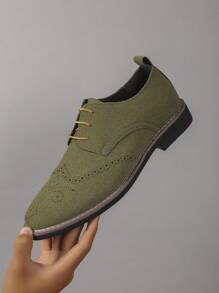Men's Matte Lightweight Brogue Decorative Round Toe Low Top Lace-Up Low Heel Casual Leather Shoes, Youth Student Everyday Wear, All Season