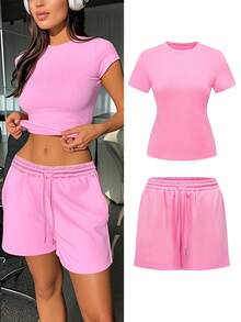 2025 Rave Party Outfit: 2pcs Neon Pink Women's Set | Cropped Sports T-Shirt And Shorts, Casual Sporty Style, Music Festival Essential, Streetwear, European Autumn Fashion, Back To School, Nightclub Attire, Going Out Look - Pink - View 5