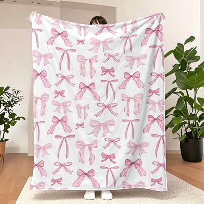粉色蝴蝶结毛毯可爱蝴蝶结盖毯蝴蝶结舒适法兰绒毯子适合情人节家居床沙发椅