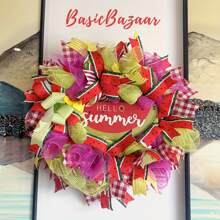 24 Inch Watermelon Summer Wreath For Front Door - Farmhouse Deco Mesh With Faux Fruit Slices - UV-Resistant Design, Red - Green Rustic Welcome Decor For Porch, Mother'S Day, And Independence Day
