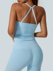 NcmRyu 1 套女士无缝弹力性感交叉后背运动文胸和紧身裤运动服套装 - 藍色 - 查看 8