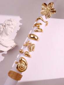 8pcs/Set Gold-Plated Summer Large Flower Shell & Seashell Beach Rings Set, Asymmetric Rings, Gift For Women & Girls - Multicolor - View 9