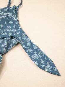 夏季花卉印花蝴蝶夹 V 领修身肩带度假风格迷你高腰连衣裙 - 藍色 - 查看 7