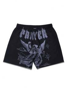 1pc Men's Fashionable Casual Sports Outdoor Woven Shorts With Angel Print, Summer