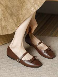 Women's Fashion Square Toe Slip-On Brown Bowknot Shoes, Casual Office Versatile Flats For Spring Summer Outdoor, High-End Quality Ballet Flats For Party Wedding - màu nâu - Xem 4