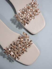 女士夏季户外水晶一脚蹬拖鞋，2025年新款，适合搭配连衣裙，透明花卉图案，海滩度假平底凉鞋 - 金色 - 查看 7