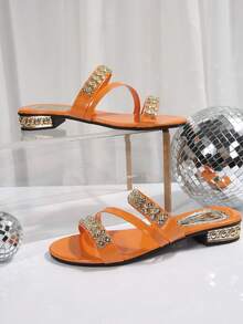 女士平底凉鞋，二合一水钻闪光夏季拖鞋，时尚户外服装 - 橘色 - 查看 6