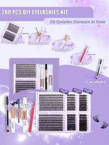 280 chiếc, D Curl, Bộ nối mi tự làm, Mi từng cụm D Curling, Cụm mi có keo dán mi, Tháo mi và dán mi, Dụng cụ cọ gắn mi tự dán tại nhà, Bộ mi, Lông mi, Lông mi giả - màu đen - Xem 8
