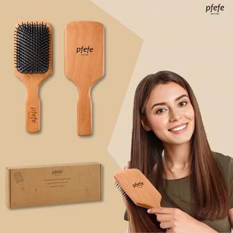 pfefe PFEFE 1 Pc Air Cushion Wooden Paddle Hairbrush-Natural For Massaging Scalp, For Women Men And Kids, For All Hair Types, With Ergonomic Handle