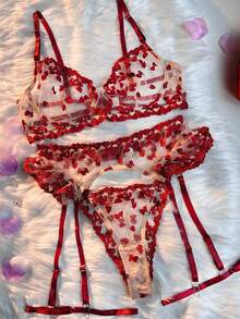 Transparent Embroidered Lace Lingerie Set With Ruffle Trim, Elegant & Sexy - Red - View 13