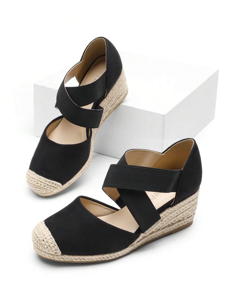 Womens's Wedges Sandals Close Toe Espadrilles Platform Slip On Elastic  Cross Straps Dressy  Black Sandals Matching Dress - 黑色 - 查看 1