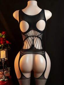 Elegant Women's Black Lingerie Bodysuit - Sexy Hollow-Out Design With Geometric Patterns, High-Stretch Nylon & Elastane Blend, Hand Washable - Seductive Underwear For Intimate Moments, Erotic, Jumpsuit