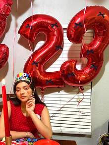 7 件/套 40 英寸红色数字气球，黑色蝴蝶结数字 0-9 形状气球，适用于生日派对、周年纪念装饰