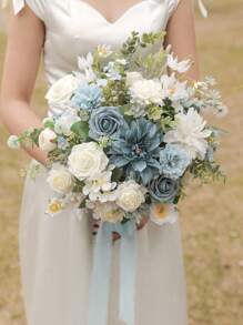 Artificial Flowers Combo Box Set Gradient Color Flower Leaf With Stems For DIY Wedding Bouquets Centerpieces Baby Shower Party Home Decor (Blue & White)