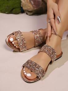 New Crystal Strap Slippers, Casual Open Toe Outdoor Wear Girl Sandals, Soft Sole Vacation Beach Shoes, Shiny Gold Rhinestone Slides - Champagne - View 5