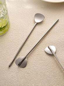 1pc 304 Stainless Steel 2-In-1 Straw & Spoon Combination Drink Mixer For Milk Tea, Juice, Coffee,School Supplies