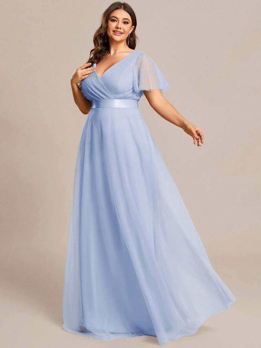 EVERPRETTY Vestido de dama de honor de gasa azul hielo con busto fruncido y cintura alta, elegante y de talla grande, vestido de noche formal, vestido para fiesta y boda, otoño