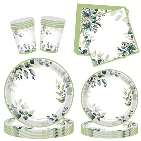80 قطعة من أوراق الزيتون الخضراء المتناسقة، أطباق ورقية خضراء، مناديل، أكواب، طقم أدوات مائدة، ديكور مائدة بأوراق النبتة الربيعية، ديكور أعراس حفلات الحوامل