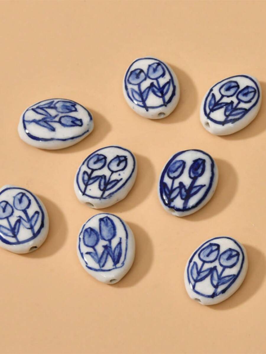 1/5 Pairs Hand-Painted Tulip Ceramic Vintage Beads, Handmade DIY Bead Jewelry, Accessories (Watercolor Floral Design) - Multicolor - View 1