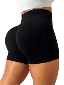 TNTOR Plus Size Women Solid Color Everyday Fitness Sports Shorts, Elastic Yoga Shorts, Figure Flattering High Waisted Slimming Workout Shorts, Gym Leggings, Black, Plus Size, High Waist Lifting Yoga Shorts, Tight Fit Quick Dry Exercise Shorts, Peach Butt Lifting Mid Waist Yoga Shorts, High Waist Design With Slimming Effect, Suitable For Cycling And Workouts, Tighten Hips Skinny Shorts, Comfortable For Fitness Enthusiasts