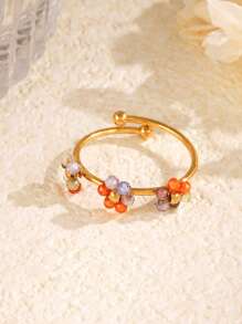 1 pieza de anillo decorativo de acero inoxidable de la serie de flores de colores de moda de verano, con diseños multicolor, blanco, rojo, morado y rosa, de diseño casual, versátil y elegante, apilable, adecuado para el uso diario, vacaciones y viajes de las mujeres, con accesorios enchapados en oro de 18K