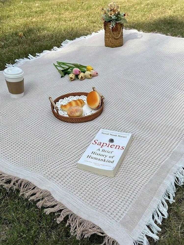 [Nueva llegada de primavera] Manta de camping con diseño estilo Ins | Almohadilla portátil cálida para picnic al aire libre | Manta para sofá o cama del hogar como telón de fondo - Café blanco - Añade 1