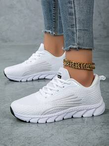 Plus Size Women Breathable Mesh Casual Sneakers, Lightweight Soft Sole Running Shoes, Knit Fabric Trainers, Comfortable Walking Shoes, Casual Fashion Shoes, Suitable For Men & Women Sports, Road Running Shoes - White - View 4