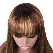 Highlight Straight Human Hair Wig With Bangs 250% Density #4/27 Piano Color Brown And Honey Blonde Highlight Straight Bangs Wig Put On Go Wigs 8-34 Inch Long Straight None Lace Human Wig With Bangs Soft And Silky - Rooted & Ombre - View 4