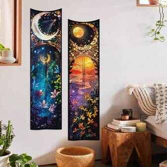 1/2pcs Starry Sky & Moon Phase Tapestry, Bohemian Vintage Mystical Moon & Sun Wall Hanging, Tree Of Life & Floral Plant Tapestry Wall Decor, Suitable For Bedroom, Living Room, Home Decor Enthusiasts, Floral Pattern Wall Hanging (Accessories Not Included) Room Decor Living Room Decor Tapestry For Room Wall Tapestry Flag Room Decoration Stuff Bedroom Decor