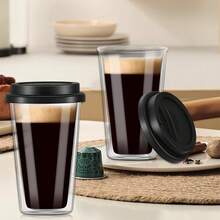 2 Double Coffee Mug, With Silicone Lid,12 Oz 2-Piece Insulated Coffee Mug With Lid,354mL, Reusable Glass Frozen Travel Coffee Mug With Lid,Dishwasher Safe For Morning Coffee, Hot Or Cold Beverages - Transparent - View 5