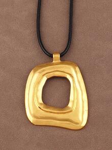 1 pezzo Collana con pendente quadrato asimmetrico e motivo geometrico traforato, catena lunga in corda di cera stile minimalista, adatta per uso quotidiano da donna