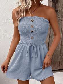 女士纯色连体无袖连体衣，休闲 - 藍色 - 查看 2