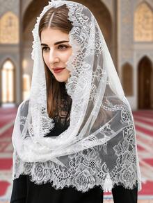 Velo de novia de boda bordado negro/blanco, velo mantilla de encaje floral católico, velo de iglesia negro, chal de encaje hueco blanco marfil tocado de mujer para ropa de otoño - Velo - Ver 3