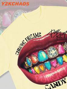 Y2k Men Street Outdoor Lifestyle Hip-Hop Style Short Sleeved Round Neck Casual Pure Cotton T-Shirt, Colorful Mouth Diamond Interesting Pattern Print, 100% Cotton 180g, Comfortable And Breathable Summer Outfit, Surprise Gift For Family. - Beige - View 3