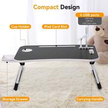 Laptop Bed Desk, Portable Foldable Laptop Table, Lap Desk Tray Table With 4 USB Ports, Storage Drawer And Cup Holder, For Bed/Couch Working, Reading - Pink - View 5