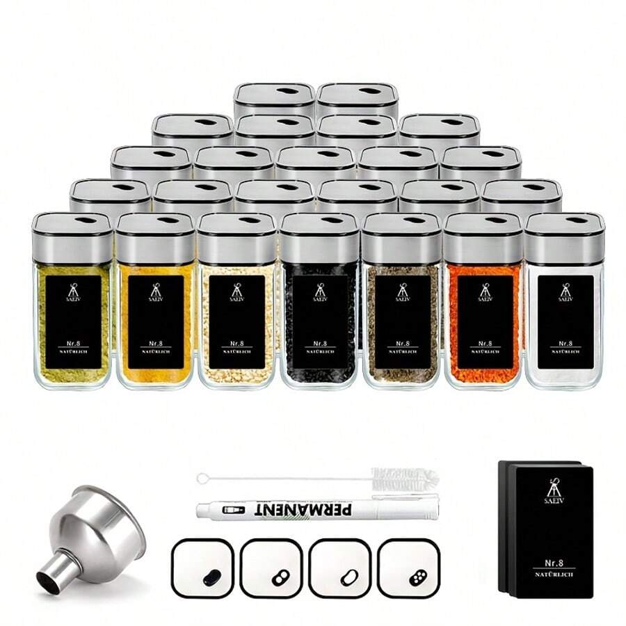 Spice Jars With Black Lids, 24 Spice Jars With Spice Labels. Perfect Storage Box For Kitchen Spices, Spice Labels, Glass Spice Jar For Neat Spice Storage. - 24 lọ gia vị cổ điển - Xem 1