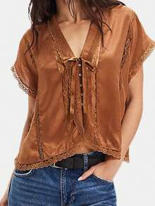 Women Summer Boho Tie Front Tank Top Lace Beach Vacation Y2k Coquette Button Down Short Sleeve Blouse Low Cut V-Neck Flowy Peplum Shirt Crop Tops Going Out Tops - 棕色 - 查看 1