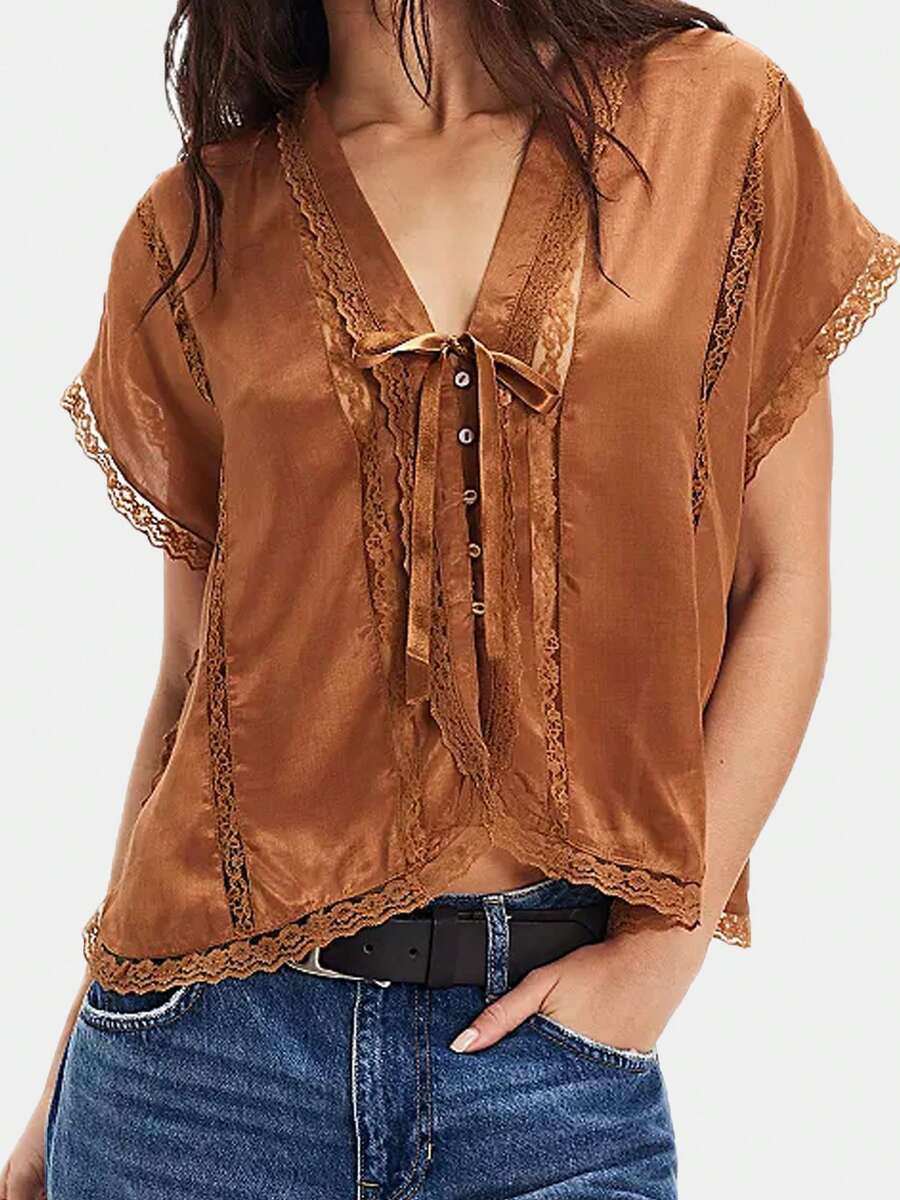 Women Summer Boho Tie Front Tank Top Lace Beach Vacation Y2k Coquette Button Down Short Sleeve Blouse Low Cut V-Neck Flowy Peplum Shirt Crop Tops Going Out Tops - 棕色 - 查看 1