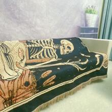 Skull Reader Pattern, Bohemian Style Jacquard Weave Fringe Blanket, Thick, Stain Resistant, Tear Resistant, Washable, Easy Care, Non-Fading, Non-Pilling, Suitable As Bedspread, Sofa Throw, Office Lap Blanket, Picnic, Camping And Home Decor