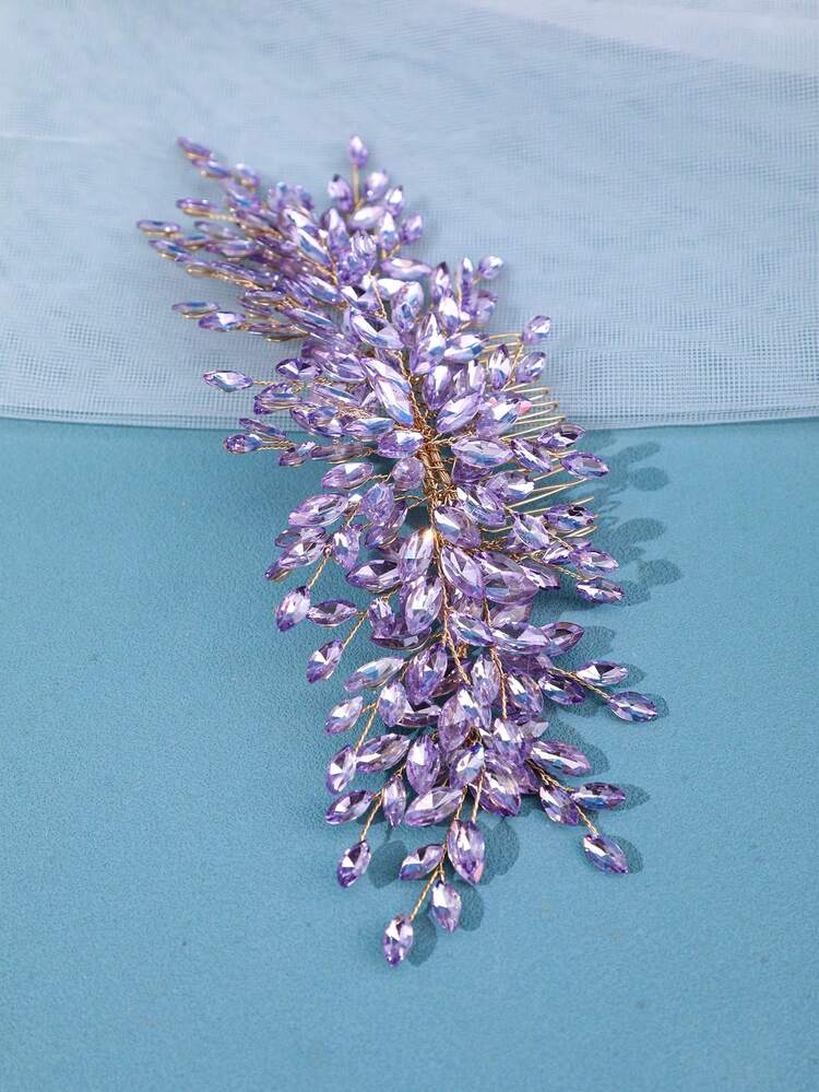 1pc Luxury Golden Handmade Woven Hair Comb, Romantic Bridal Headpiece, Red Vibrant Silver Wedding Accessories, Crystal Decor Valentine's Day Accessories - Purple - View 3
