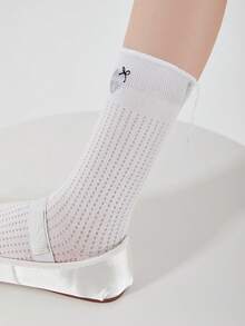 1 Pair Women's Summer Lightweight Breathable Mesh Openwork Plain Girl Sweet Ruffle Trim Embroidery Cherry Bow Heart Cutout Heel Split Ins College Style Student Socks, Mid-Calf Socks Casual Daily Wear - Multicolor - View 9